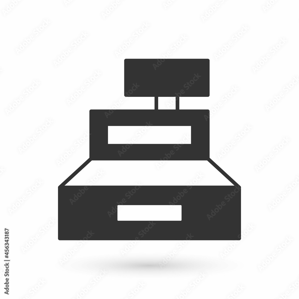 Grey Cash register machine with a check icon isolated on white background. Cashier sign. Cashbox symbol. Vector Grey Cash register machine with a check icon isolated on white background. Cashier sign. Cashbox symbol. Vector