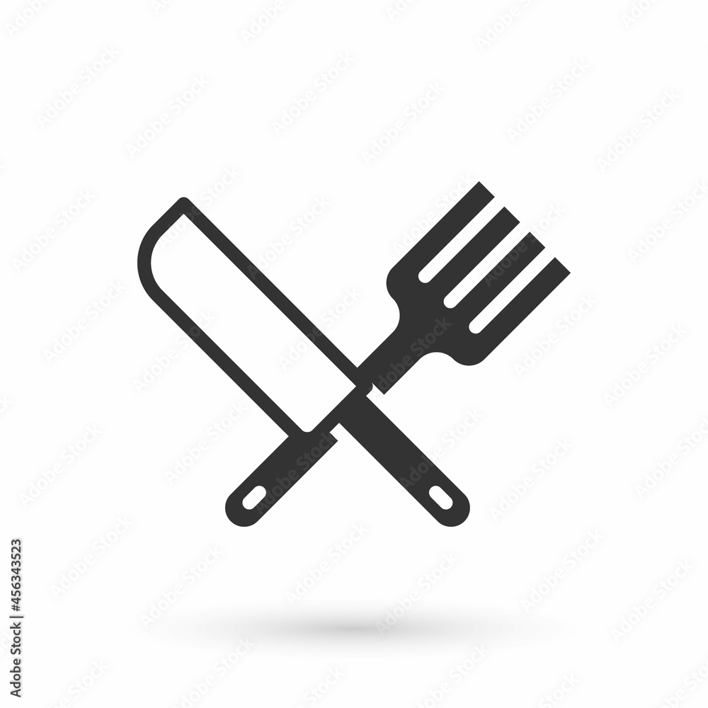Grey Crossed knife and fork icon isolated on white background. Cutlery symbol. Vector Grey Crossed knife and fork icon isolated on white background. Cutlery symbol. Vector