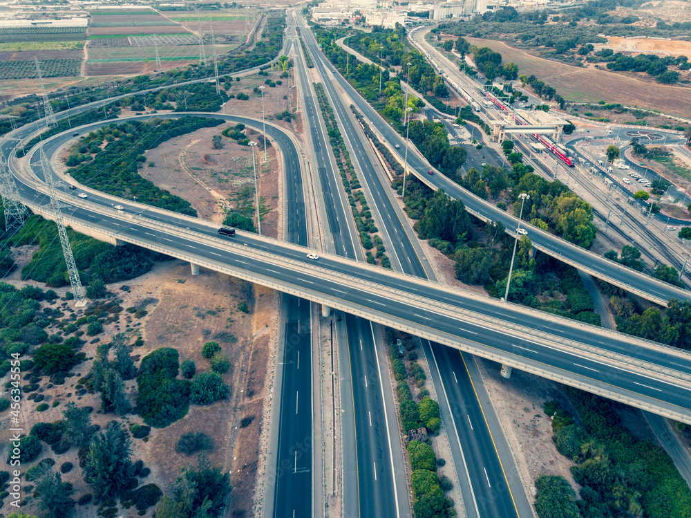 Aerial drone top view photo of highway multilevel junction interchange road.