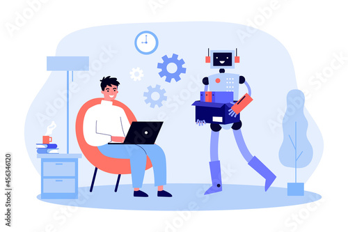 Robotic character carrying documents for man working at laptop. Male character using mechanical assistance flat vector illustration. Modern robots, technology, artificial intelligence concept © Bro Vector