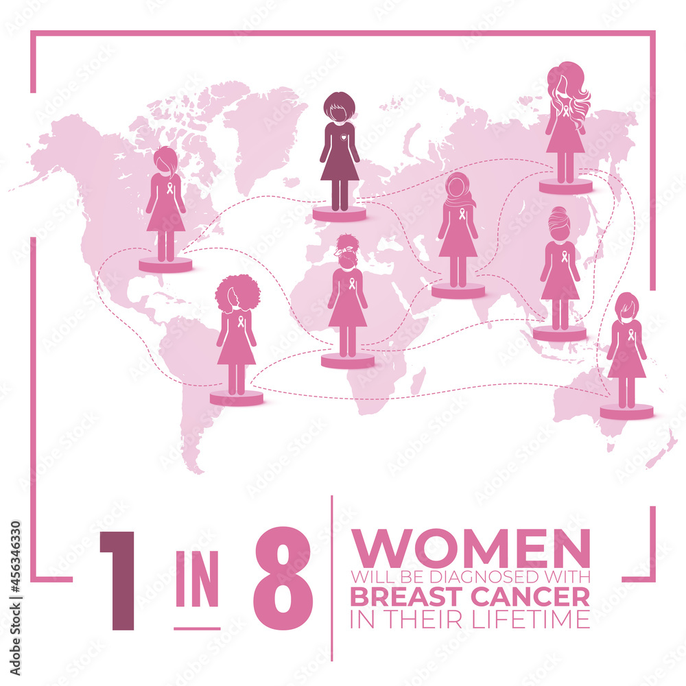 Breast cancer awareness month poster. The women were diagnosed. World pink map. Breast cancer awareness month poster. The women were diagnosed. World pink map.