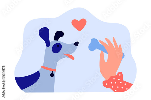 Hand of female dog owner holding bone for cute puppy. Woman giving treat to domestic animal offering flat vector illustration. Pets, love concept for banner, website design or landing web page