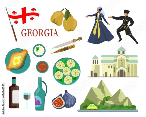 People and symbols of Georgia vector illustrations set. Ornament with Georgian dagger, national cuisine, dancers in traditional costumes isolated on white background. Traveling, culture concept