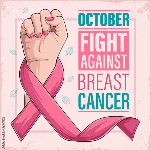 Breast cancer awareness month poster with woman hand and pink ribbon , Women health care support symbol. female hope and fight concept