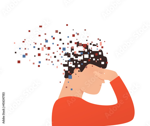 Brain damage. Man loses part head falling apart, pixels. Concept  psychological health, decreased functions mind.