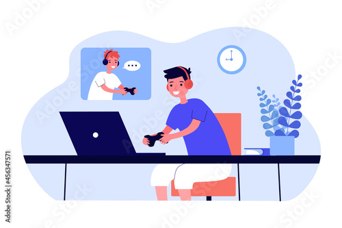 Boys playing network game flat vector illustration. Children having fun in headphones with controllers in front of laptops. Computer game, friendship, fun, hobby concept for design, landing page