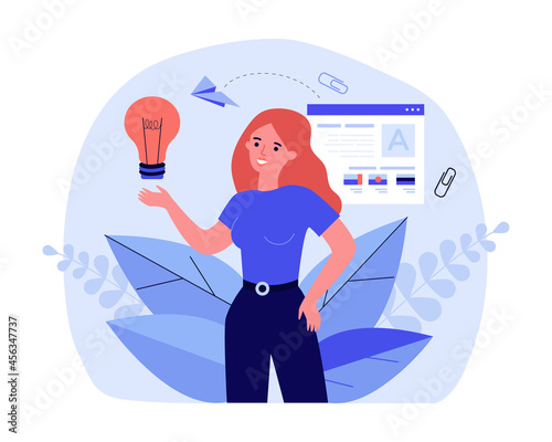 Creative girl full of ideas searching for job. Flat vector illustration. Woman holding light bulb with portfolio and completed projects on background. Creativity, inspiration, profession, job concept
