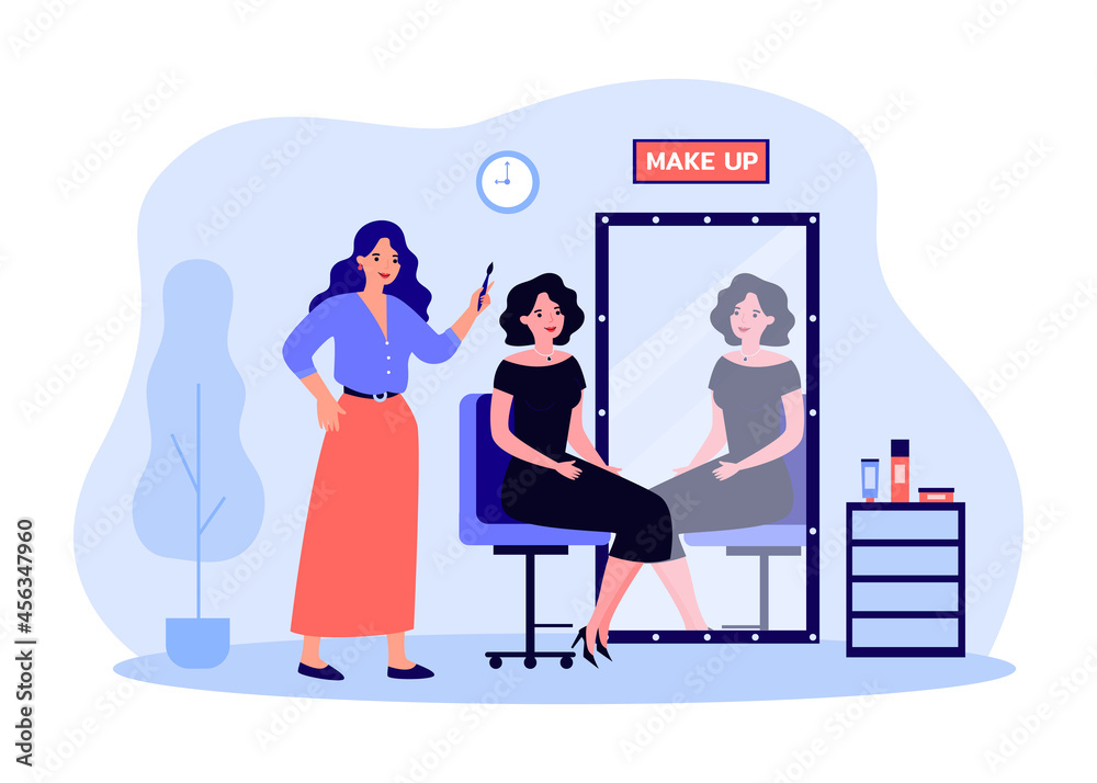 Female cartoon celebrity sitting in makeup artist chair. Beautiful actress in dress in front of retro mirror, stylist with brush flat vector illustration. Beauty salon or service, cosmetics concept