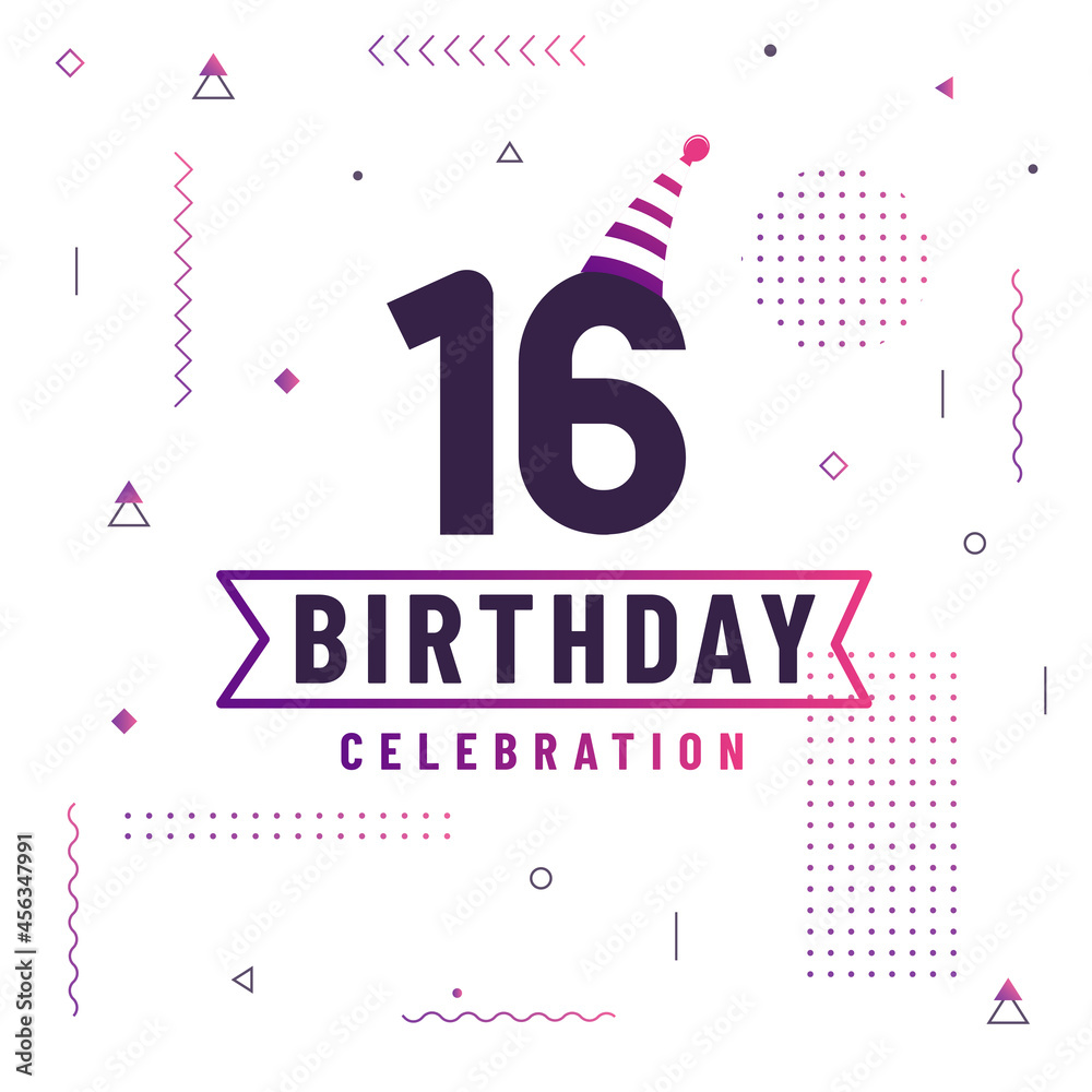 16 years birthday greetings card, 16 birthday celebration background free vector.