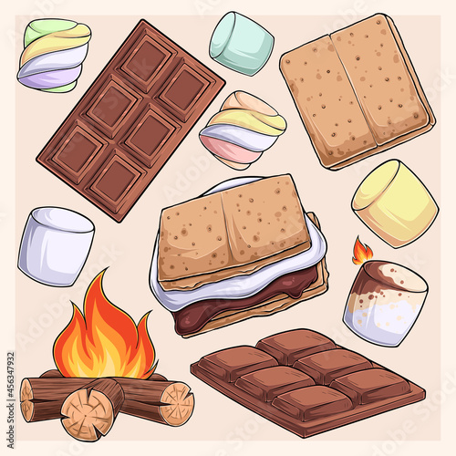 Hand drawn delicious s'more collection, marshmallows, cracker, chocolate barre and fire, s'more design elements