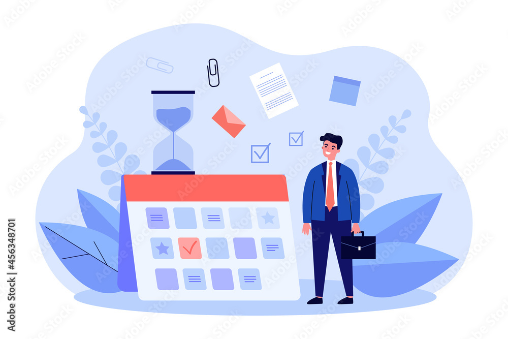 Young businessman planning work schedule. Flat vector illustration. Tiny man standing next to giant calendar full of tasks, goals and events. Planning, business, schedule concept for banner design Young businessman planning work schedule. Flat vector illustration. Tiny man standing next to giant calendar full of tasks, goals and events. Planning, business, schedule concept for banner design