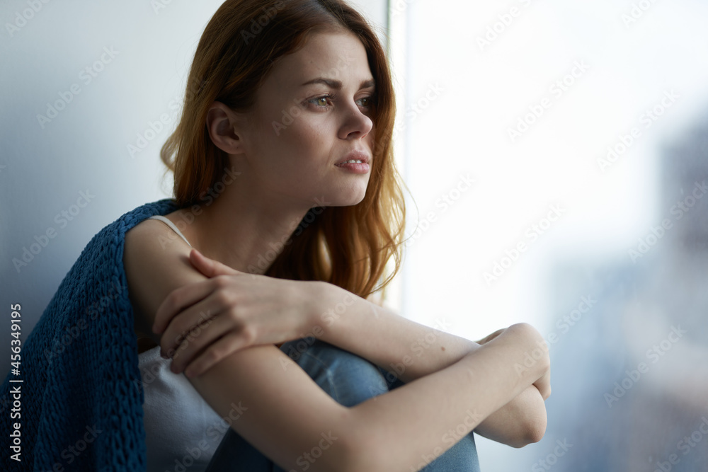 beautiful woman with a blue plaid rest morning dreamy look beautiful woman with a blue plaid rest morning dreamy look