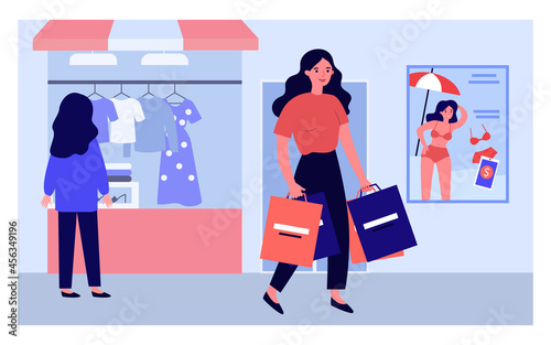 Cartoon woman with shopping bags walking in street. Back of girl looking at clothes behind shop window flat vector illustration. Shopping, fashion, sale concept for banner or landing web page