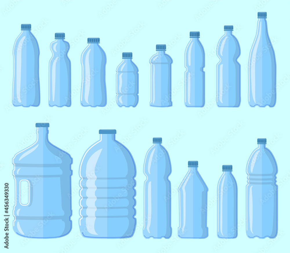 Set of plastic bottles for water. Cartoon vector illustration. Collection of bottles of different size and shape isolated on blue background. Consumption, liter, packaging concept for banner design Set of plastic bottles for water. Cartoon vector illustration. Collection of bottles of different size and shape isolated on blue background. Consumption, liter, packaging concept for banner design