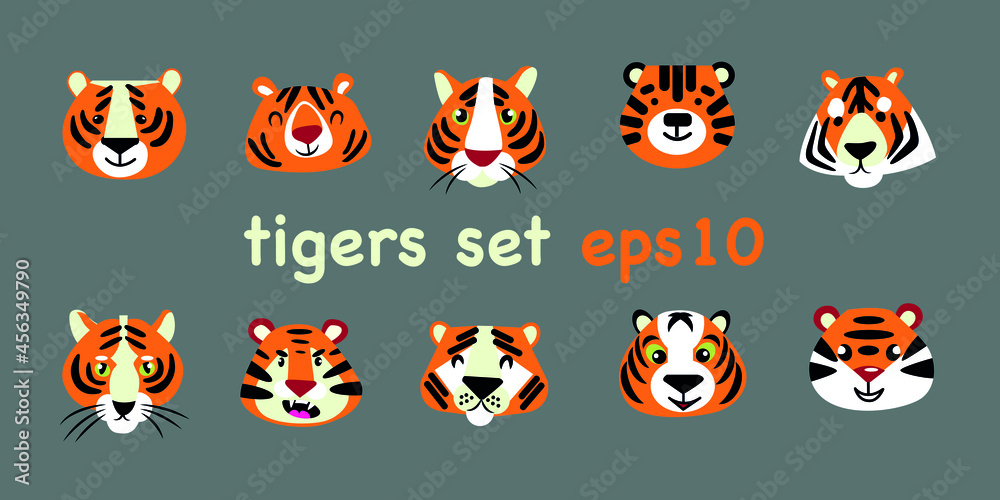 Set of assorted drawn tiger heads Set of assorted drawn tiger heads