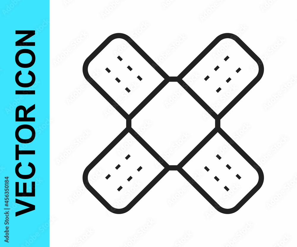 Black line Crossed bandage plaster icon isolated on white background. Medical plaster, adhesive bandage, flexible fabric bandage. Vector