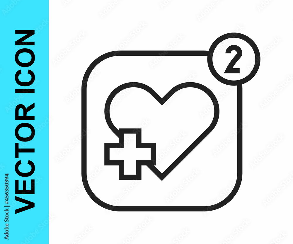 Obraz premium Black line Smartphone with heart rate monitor function icon isolated on white background. Vector