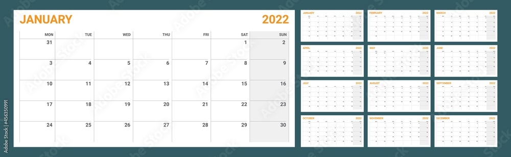 2022 year Calendar template. Planner diary in a minimalism style. Corporate and business calendar. Organizer. Monthly calendar. Daily planner. 2022 year Calendar template. Planner diary in a minimalism style. Corporate and business calendar. Organizer. Monthly calendar. Daily planner.