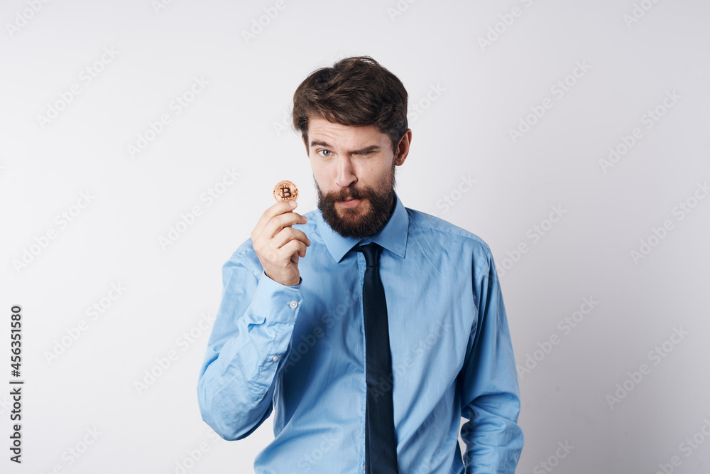bearded man in shirt with tie cryptocurrency bitcoin internet finance electronic money bearded man in shirt with tie cryptocurrency bitcoin internet finance electronic money
