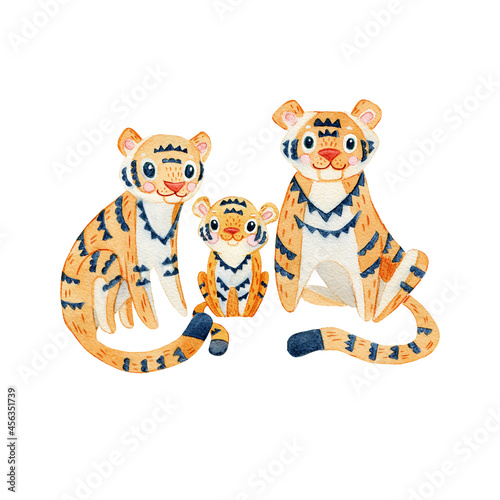 Fototapeta Naklejka Na Ścianę i Meble -  Cute hand drawn watercolor tigers familie. Mother, father and cub tigers