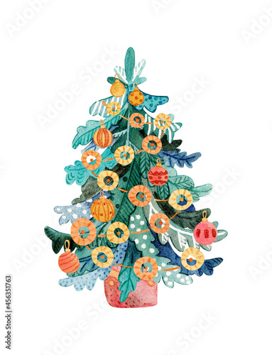 Decorative hand drawn watercolor Christmas tree illustration. 