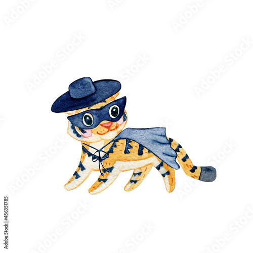 Cute watercolor baby tiger in super hero costume consisting of mask, hat and cloak. Hand drawn illustration

