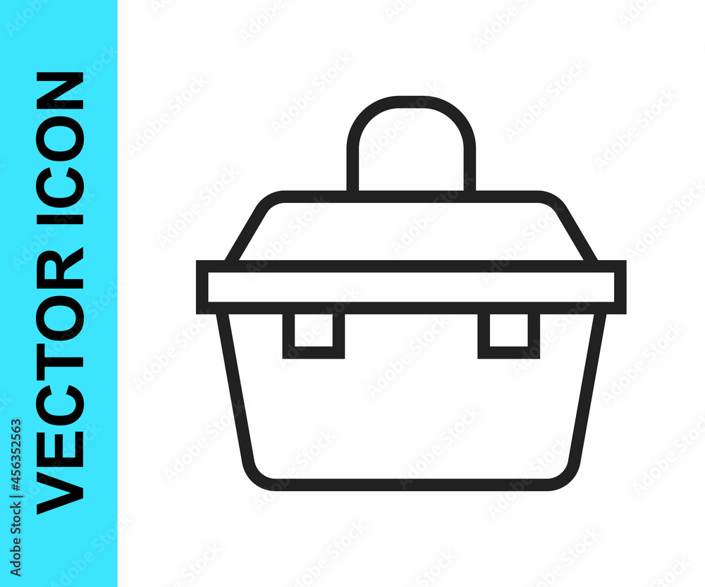 Black line Case or box container for wobbler and gear fishing equipment icon isolated on white background. Fishing tackle. Vector Black line Case or box container for wobbler and gear fishing equipment icon isolated on white background. Fishing tackle. Vector