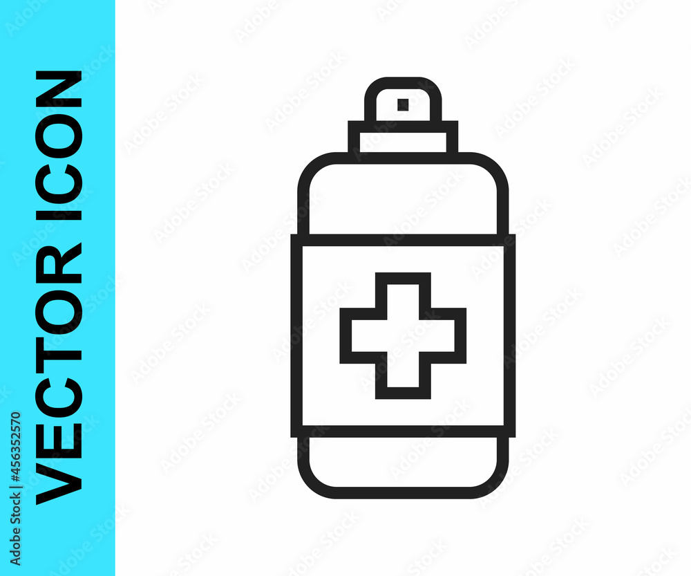 Black line Bottle of liquid antibacterial soap with dispenser icon isolated on white background. Antiseptic. Disinfection, hygiene, skin care. Vector Black line Bottle of liquid antibacterial soap with dispenser icon isolated on white background. Antiseptic. Disinfection, hygiene, skin care. Vector