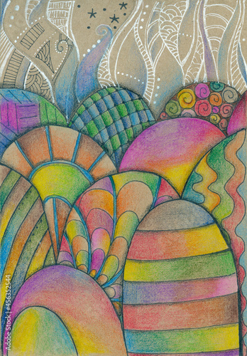 Fairytale landscape with colorful hills. Hand drawn image by colored pencils on kraft paper.