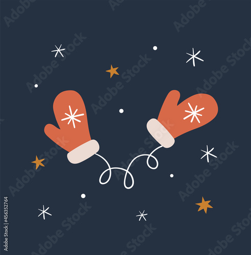 Hand drawn cute Christmas mittens on dark background. Flat vector illustration.