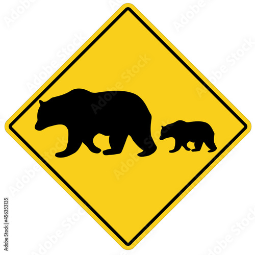 Bear Crossing on white background. yellow road sign attention animal bear sign. Bear warning symbol. flat style.
