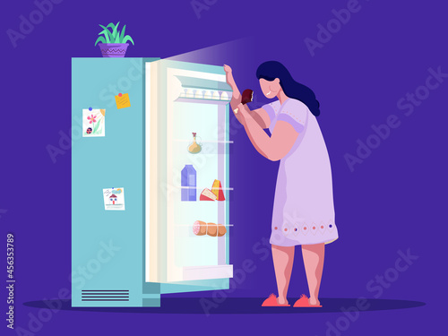 Woman standing and eating in front of opened fridge at night. Stress, bad unhealthy habit, disorder. Late snack, cheat meal. Cartoon vector illustration. Dark background. Flat style.