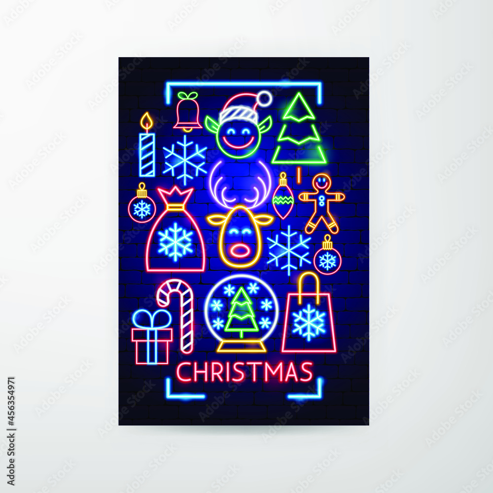 Fototapeta premium Christmas Neon Flyer. Vector Illustration of New Year Promotion.