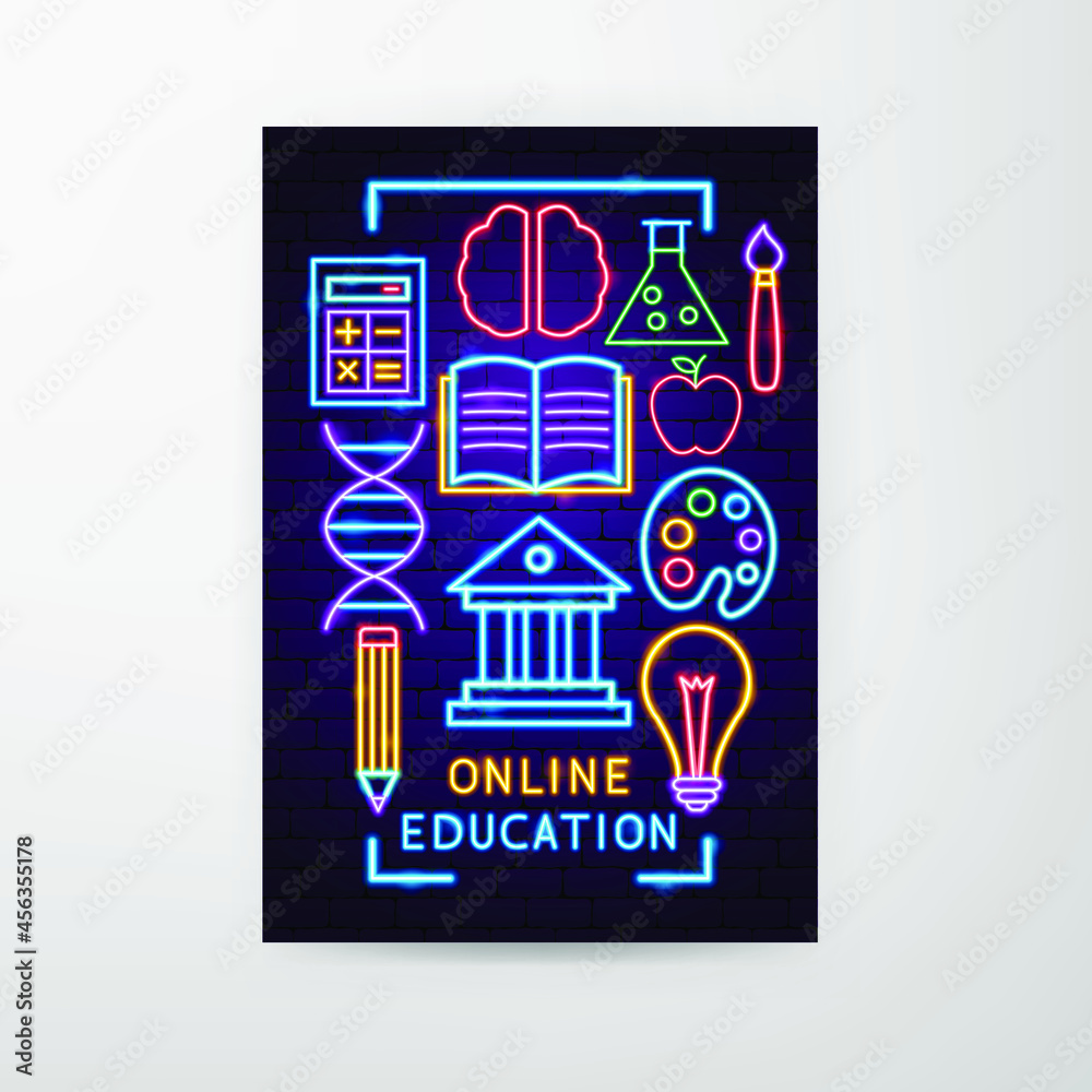 Online Education Neon Flyer. Vector Illustration of School Promotion. Online Education Neon Flyer. Vector Illustration of School Promotion.