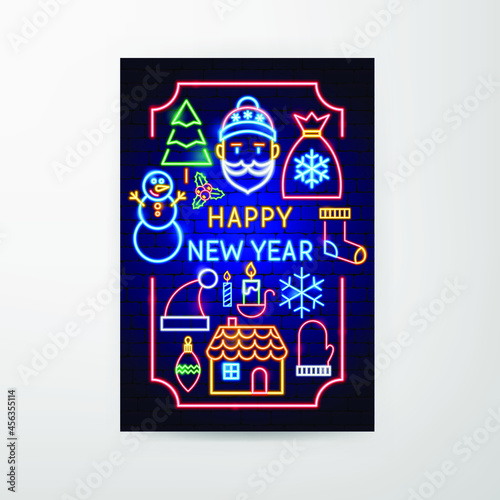 Happy New Year Neon Flyer. Vector Illustration of Christmas  Promotion.