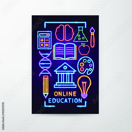 Online Education Neon Flyer. Vector Illustration of School Promotion.