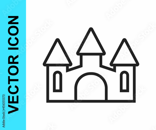 Black line Castle icon isolated on white background. Medieval fortress with a tower. Protection from enemies. Reliability and defense of the city. Vector