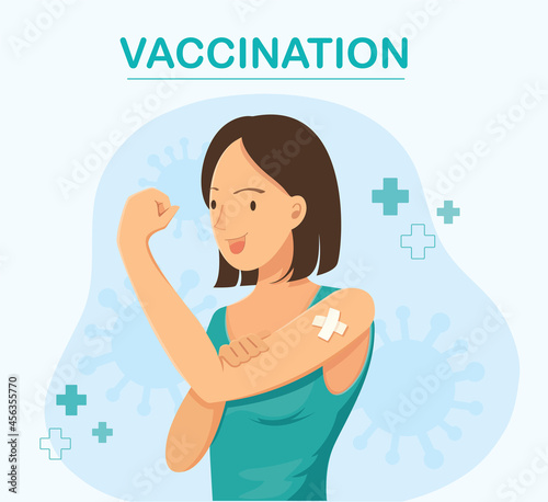 woman Showing Vaccinated. Vaccination concept. vector illustration