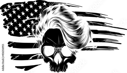 Illustration of black and white skull girl with american flag