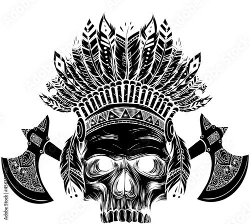 American Indian skull chief with tomahawkblack on white, vector