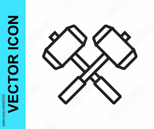 Black line Medieval crossed battle hammers icon isolated on white background. Vector