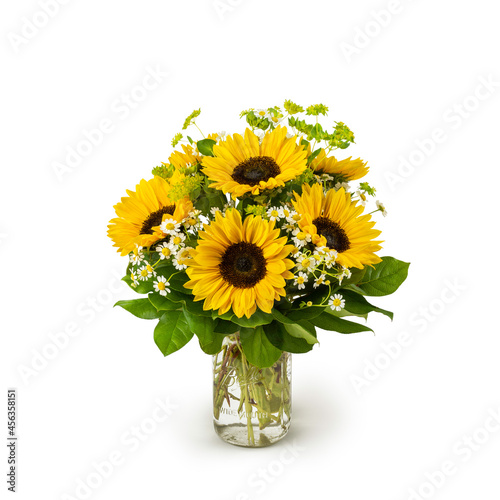 bouquet of sunflowers in vase mason jar - yellow flower arrangement isolated on white background - autumn flowers - fall season