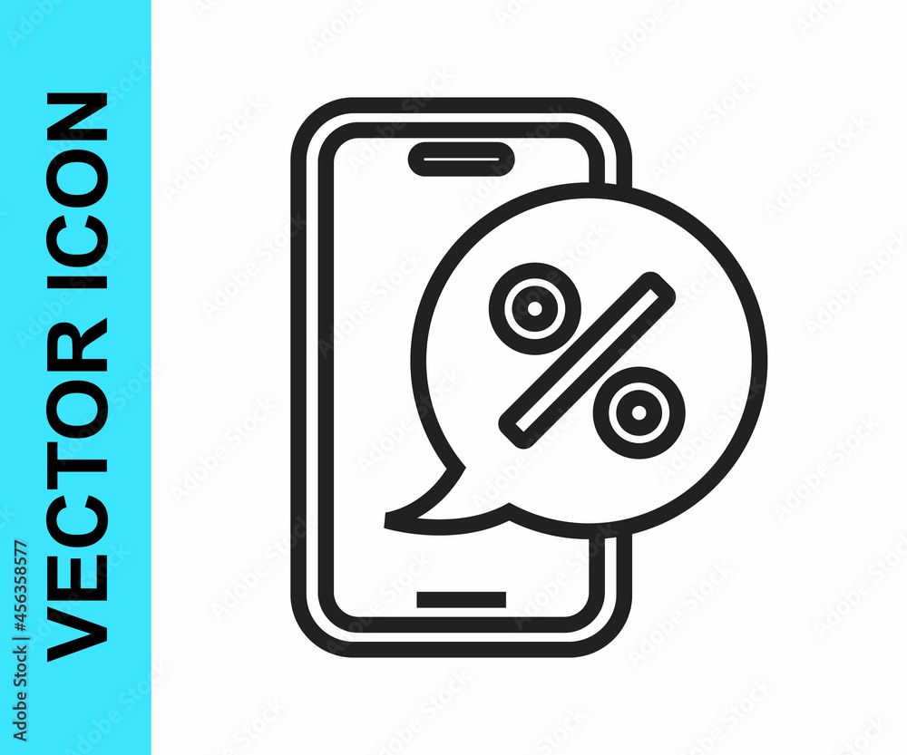 Black line Percent discount on mobile phone icon isolated on white background. Sale percentage - price label, tag. Vector Black line Percent discount on mobile phone icon isolated on white background. Sale percentage - price label, tag. Vector