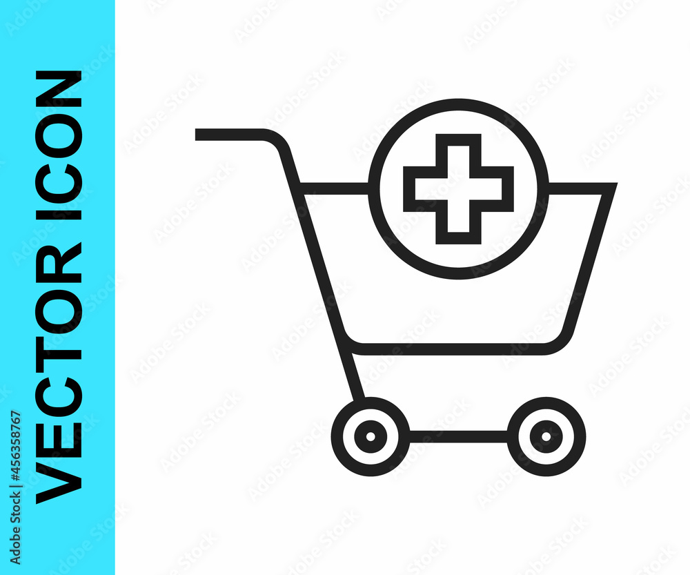 Black line Add to Shopping cart icon isolated on white background. Online buying concept. Delivery service sign. Supermarket basket symbol. Vector Black line Add to Shopping cart icon isolated on white background. Online buying concept. Delivery service sign. Supermarket basket symbol. Vector