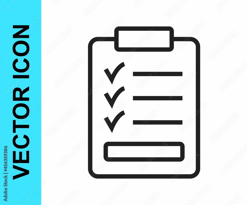 Black line Clipboard with checklist icon isolated on white background. Control list symbol. Survey poll or questionnaire feedback form. Vector Black line Clipboard with checklist icon isolated on white background. Control list symbol. Survey poll or questionnaire feedback form. Vector