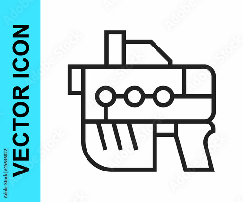 Black line Futuristic space gun blaster icon isolated on white background. Laser Handgun. Alien Weapon. Vector