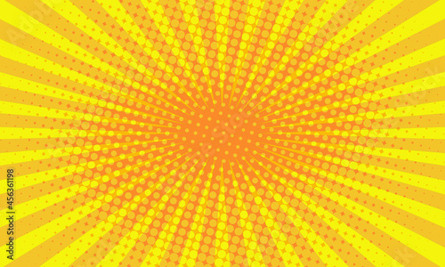 Retro pop art background with halftone dots and starburst rays. Comic book halftone gold background. Yellow orange sun rays autumn summer dotty halftone texture background backdrop banner. 