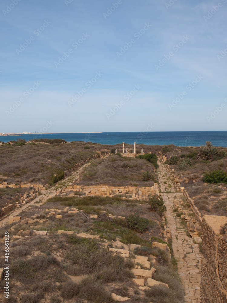 View of the temple of Serapis and the sea from the Severan Basilica inLeptis Magna