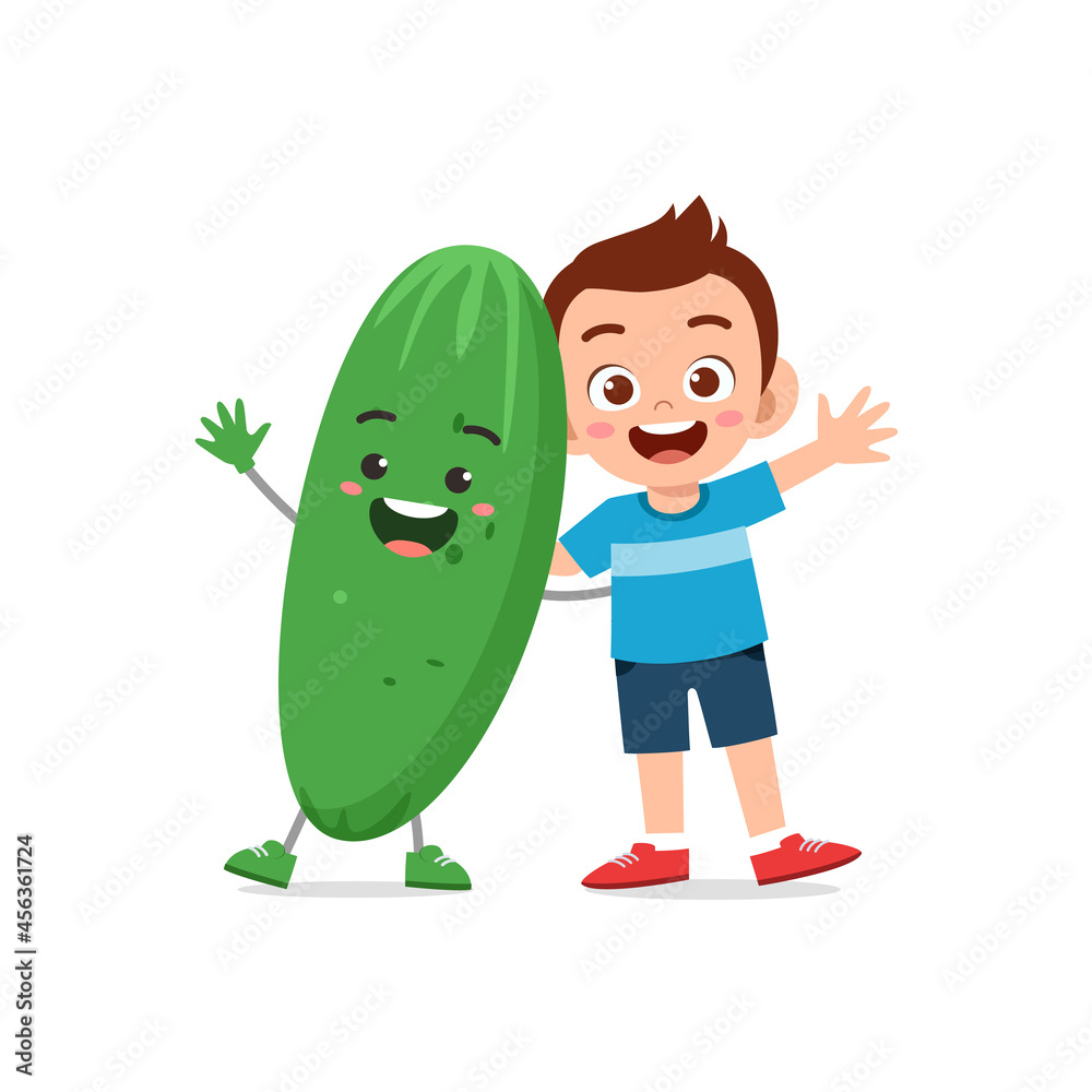 cute little boy stands with cucumber character cute little boy stands with cucumber character