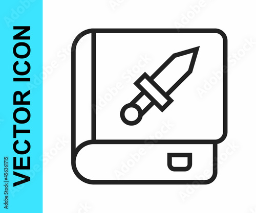 Black line Book about weapon icon isolated on white background. Small firearm. Weapon catalog. Vector